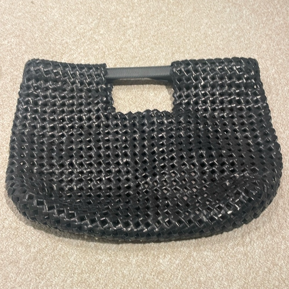 All Saints Liyu black woven leather tote.